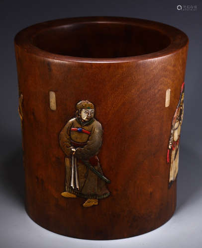A HUANGHUALI WOOD WITH GEM DECORATED BRUSH POT