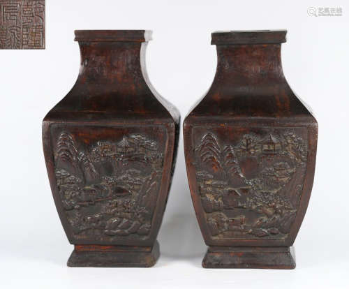 PAIR OF CHENXIANG WOOD CARVED VASE