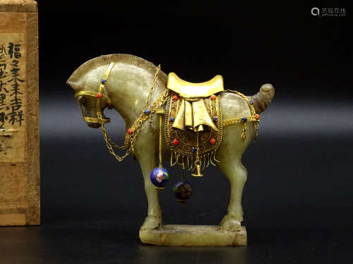 白玉造 本金鍍金金具貴石装飾 馬擺件