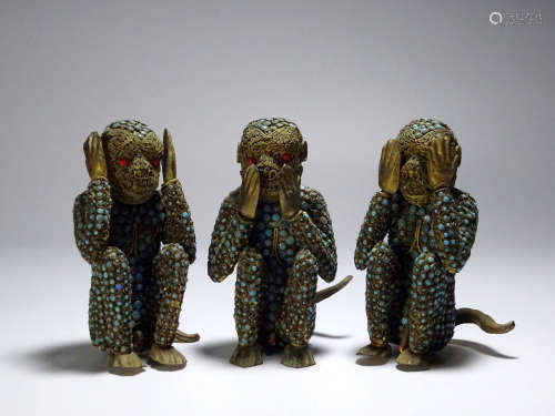 黄銅造 緑松石象嵌 三猿擺件