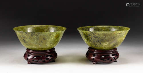 Pair of Chinese Export Spinach Jade Bowls