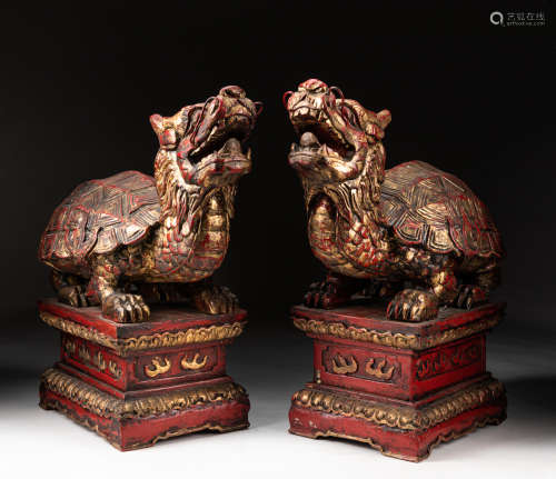 Pair of Chinese Old Gilt Symbolic Dragon Turtle