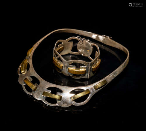 Set Signed Designer Taxco Sterling Copper Modernist Jewelries