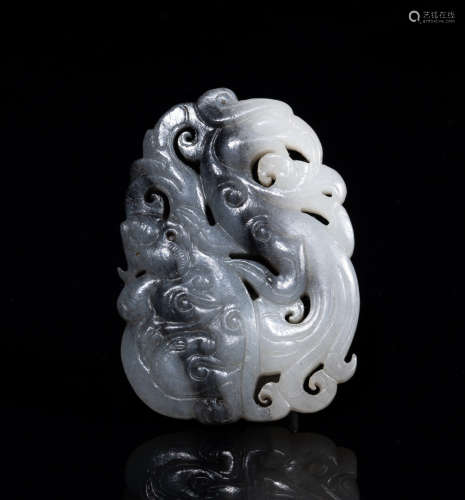 Chinese Black White Jade Phoenix Beast Pendant