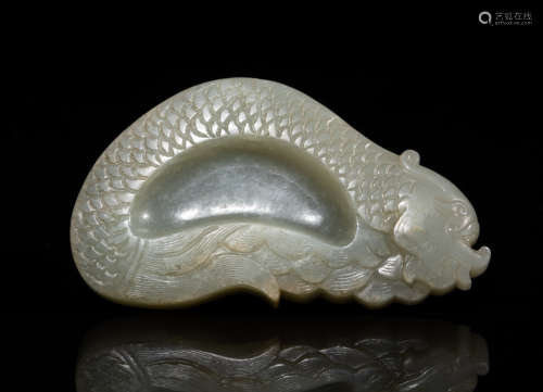 Chinese Pale Celadon Jade Fish Dragon Washer
