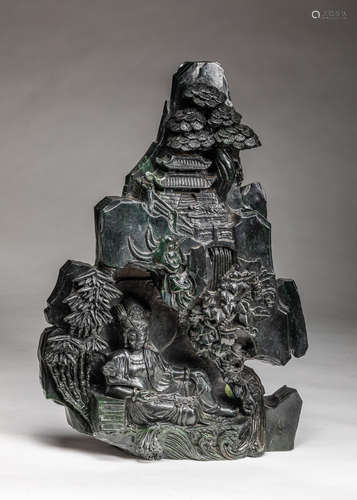 Massive Chinese Green Jade Carving Buddha Boulder