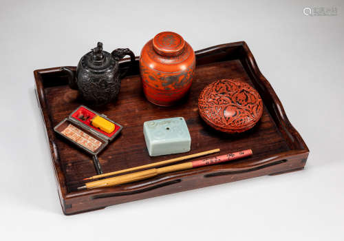 Set Chinese Porcelain Wood & Metal Wares