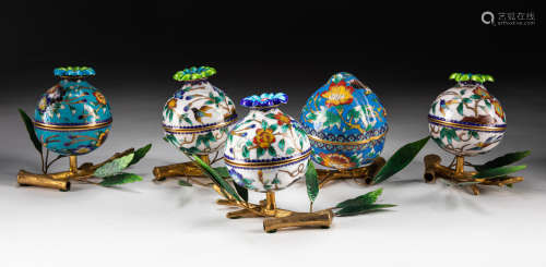 Set of Chinese Cloisonne Pomegranate Type Covered Boxes