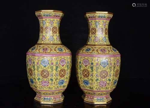 Pair Of Enameled Gilt Floral Vases