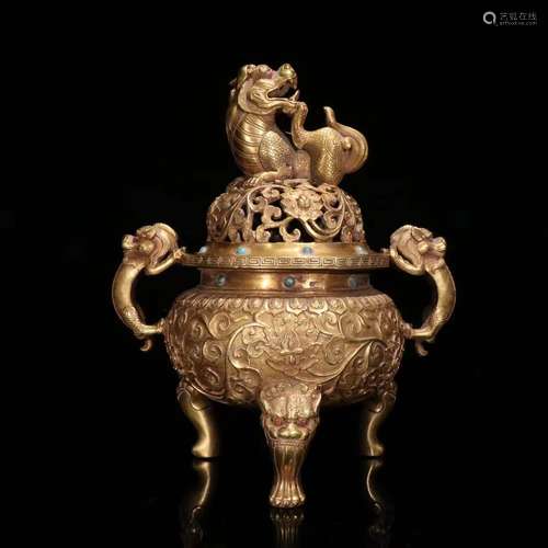 A Gilt Bronze Dragon Carved Ear Censer