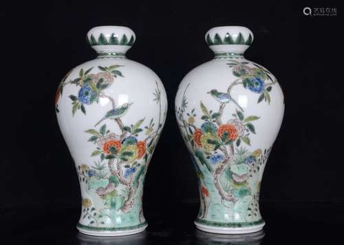 A Wucai Floral And Bird Pattern Plum Bottle For Pair Of