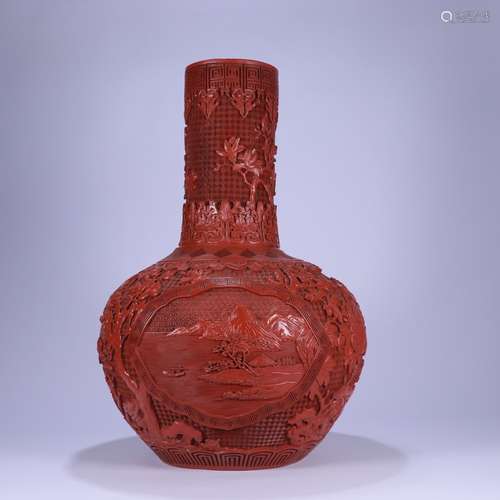 A Red Lacquerware Landscape Pattern Flask