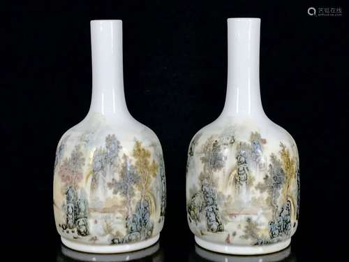 Pair Of Qianxiang Cai Landscape Zuns