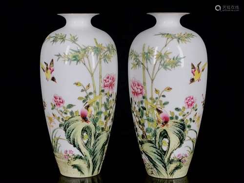 Pair Of Enameled Floral And Bird Pattern Plum Vase