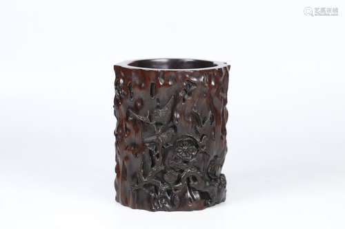 A Rosewood Auspicious Pattern Brush Pot