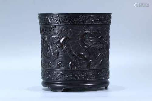 A Rosewood Dragon Carved Brush Pot