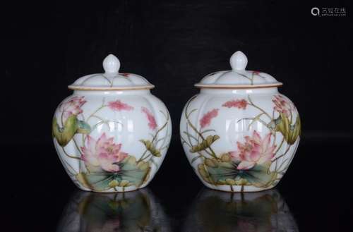 Pair Of Famille Rose Lotus Pattern Jars