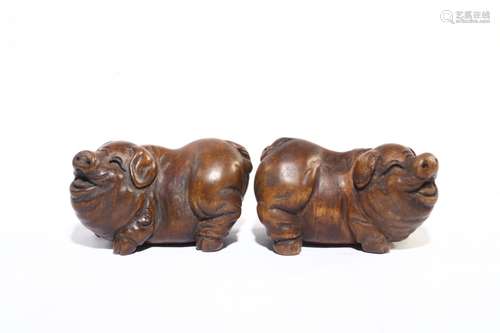 Pair Of Agarwood Pig Ornament