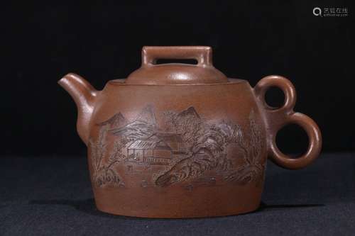 A Zisha Tea Pot With Landscape Pattern