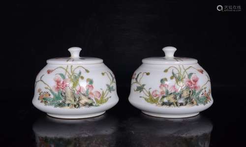 Pair Of Enameled Floral Jars