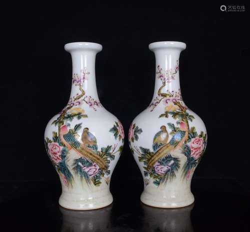 Pair Of Enameled Floral Pattern Vases