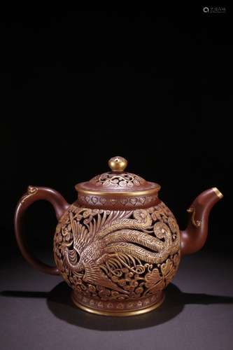 A Zisha Teapot With Gilt Painting And Phoenix Pattern