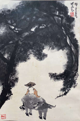 A Chinese Ox Painting, Li Keran Mark