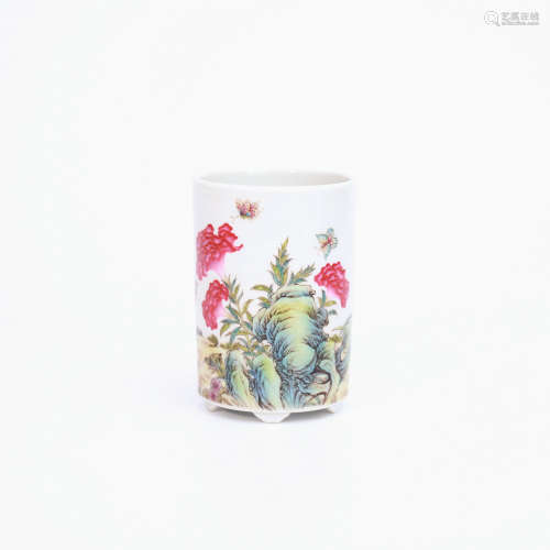 A Famille Rose Flowers&Grass Porcelain Inscribed Brush Pot