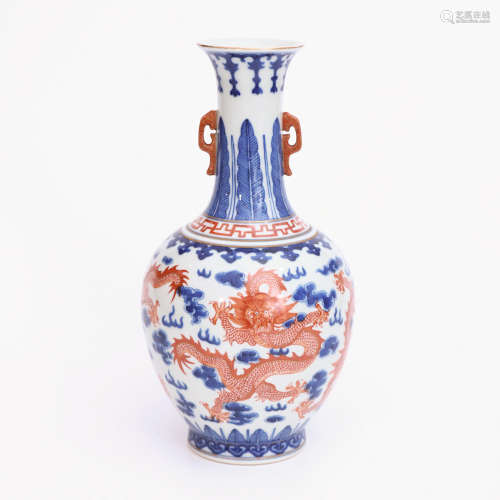 A Blue and White Iron Red Gilt-inlaid Dragon Porcelain Double Ears Vase