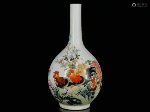 A Famille Rose Floral Rooster Porcelain Flask