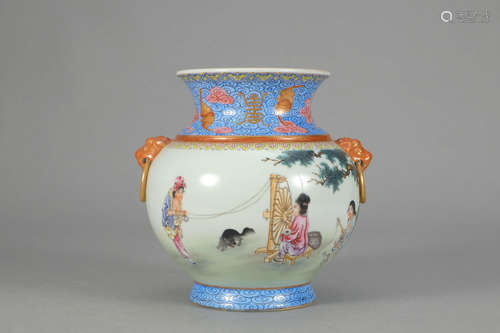 A Famille Rose Figure Porcelain Double Ears Jar