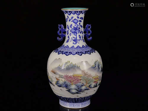 A Famille Rose Landscape Porcelain Vase