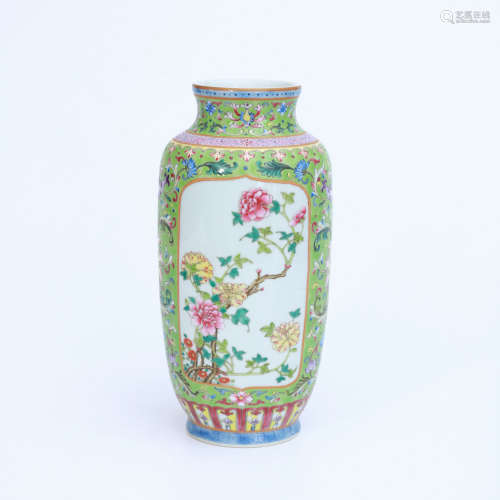 A Green Ground Famille Rose Floral Porcelain Lantern-shaped Vase