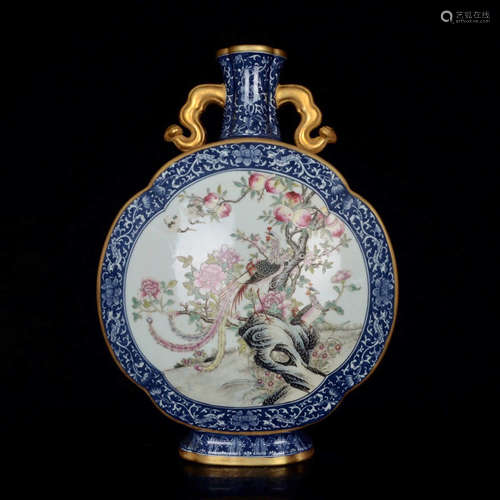 A Blue and White Enamel Gilt Flower&Bird Porcelain Moonflask