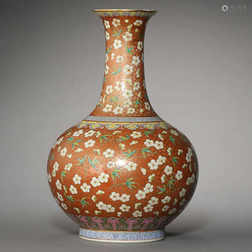 A Coral Red Ground Famille Verte Porcelain Vase