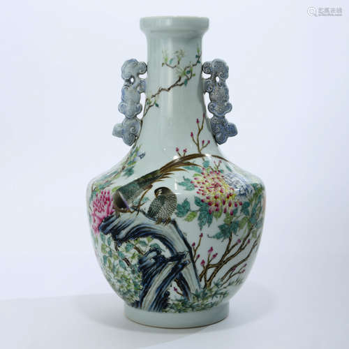 A Famille Rose Floral Porcelain Double Ears Vase