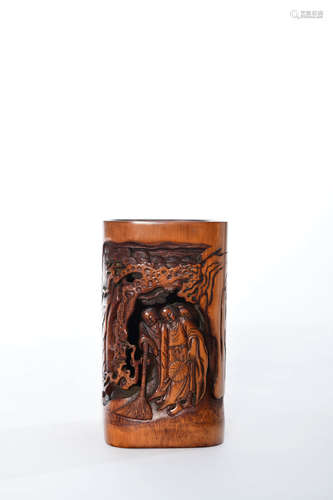 A Carved Bamboo Piercing Figure Brush Pot