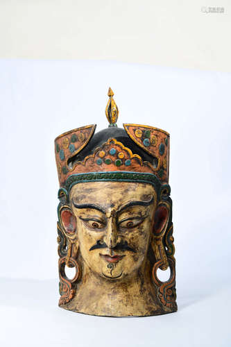 A Wood Carved Padmasambhava Mask Styale Hanging Statue