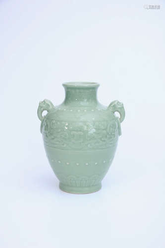 A Celadon-Glazed Bronze Porcelain Double Ears Vase