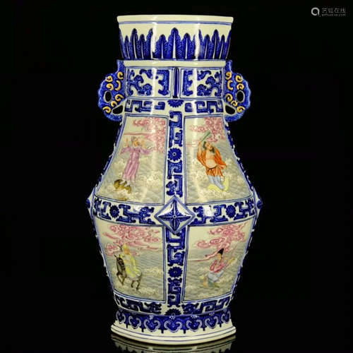 A Blue and White Famille Rose  Eight Immortals  Porcelain Double Ears Oblate Vase