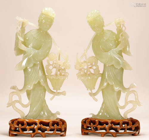 A Pair of Jade Carved Women Statues