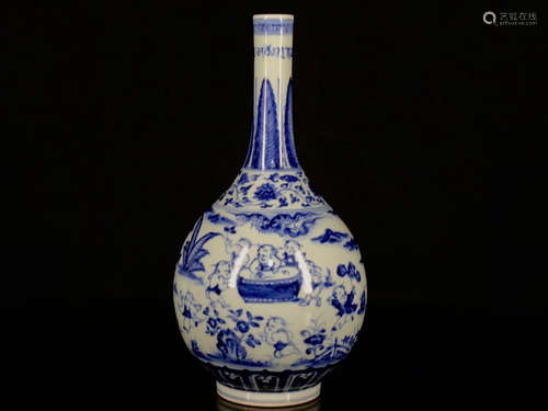 A Blue and White  Children at Play  Painted Porcelain Vase