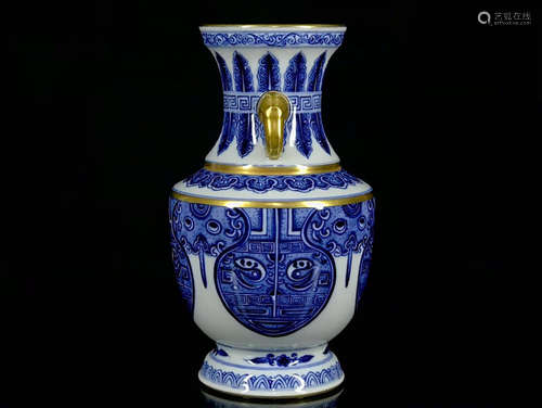 A Blue and White Gilt-inlaid Beast Porcelain Vase