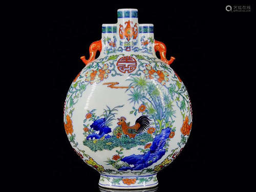 A Doucai Floral Rooster Porcelain Oblate Vase