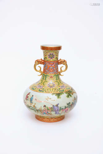 A Famille Rose Gilt-linaid Eight Immortals Floral Porcelain Dragon Ears Vase