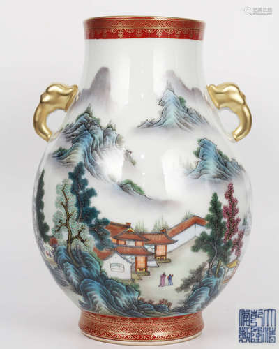 A Famille Rose Landscape Porcelain Double Ears Zun