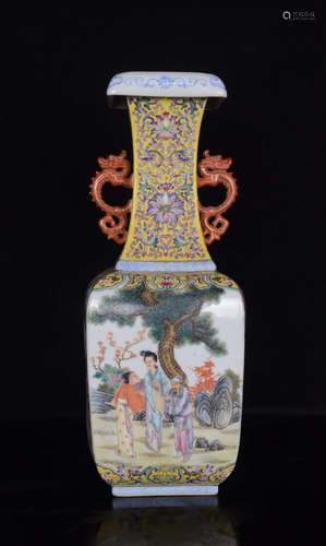 A Famille Rose  Eight Immortals  Porcelain Double Ears Vase