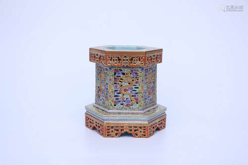 An Enamel Floral Dragon Porcelain Hexagon Brush Pot