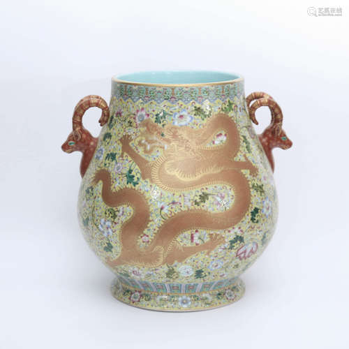 An Enamel Floral Dragon Porcelain Double Ears Zun