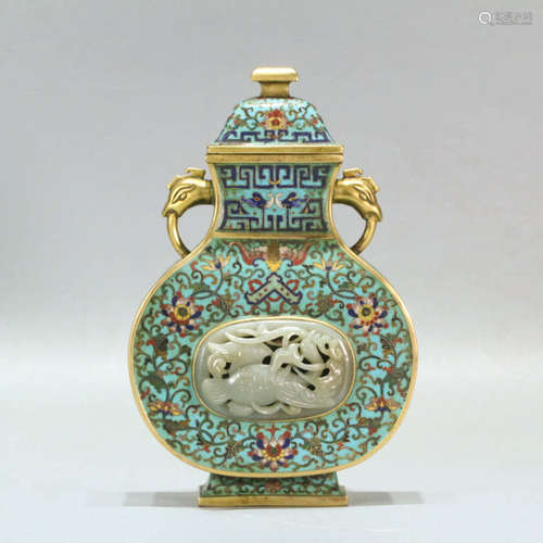 A White Jade Inlaid Copper Cloisonne Enamel Double Ears Vase